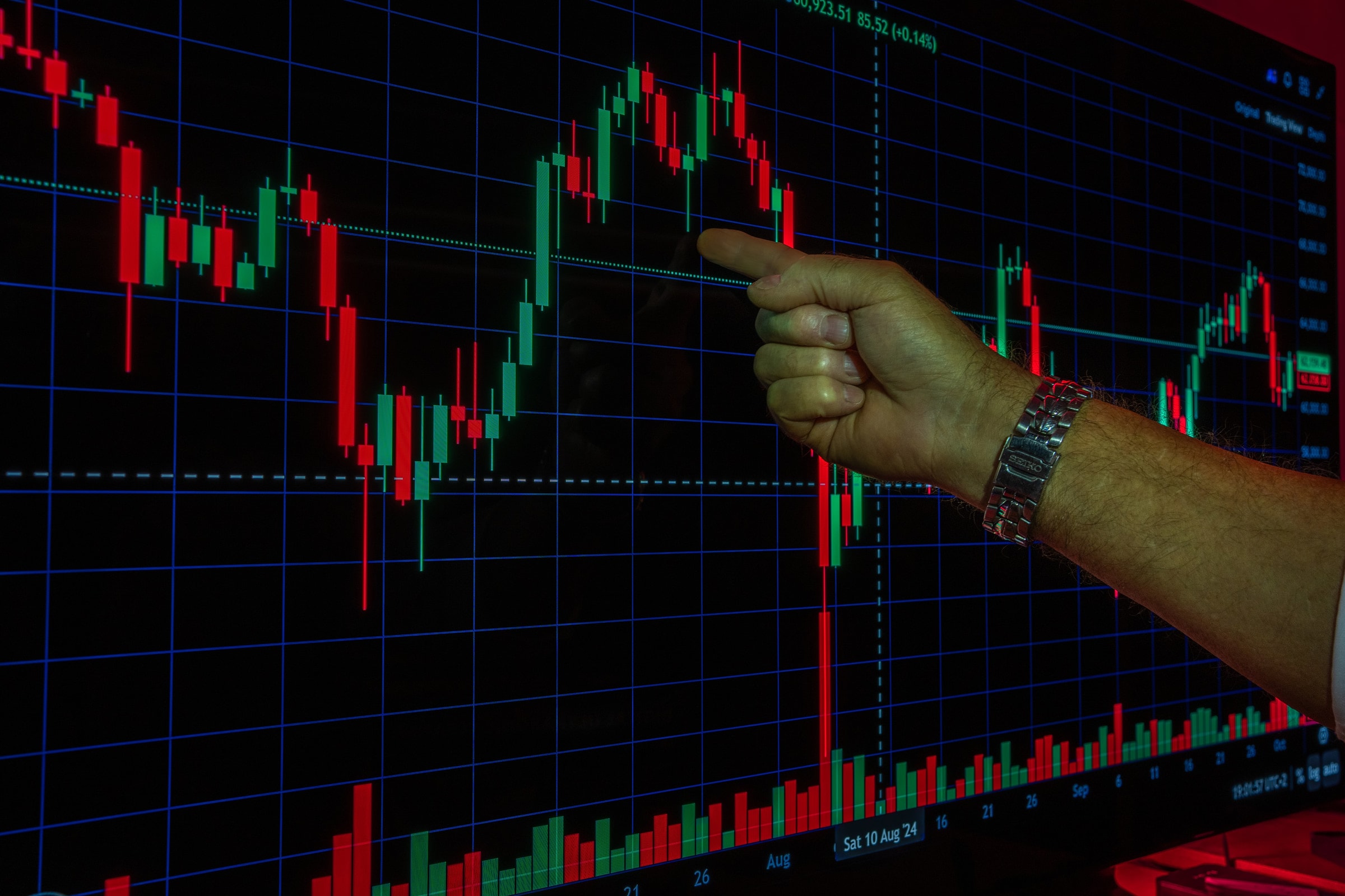A hand analyzing a financial graph on a digital screen, highlighting stock market trends and data.