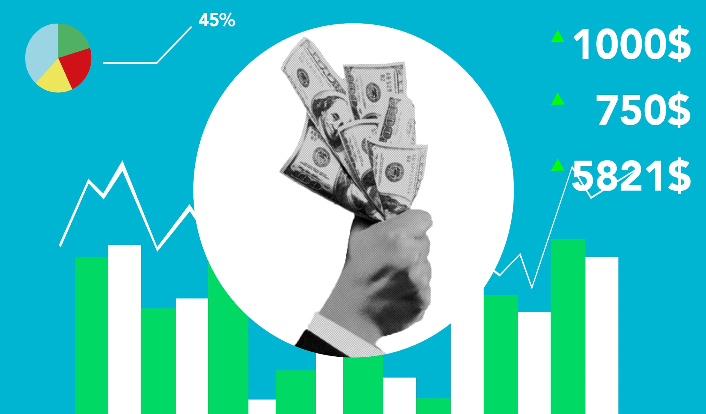 Decorative cardboard appliques representing hand with dollar banknotes and numbers above chart on blue background