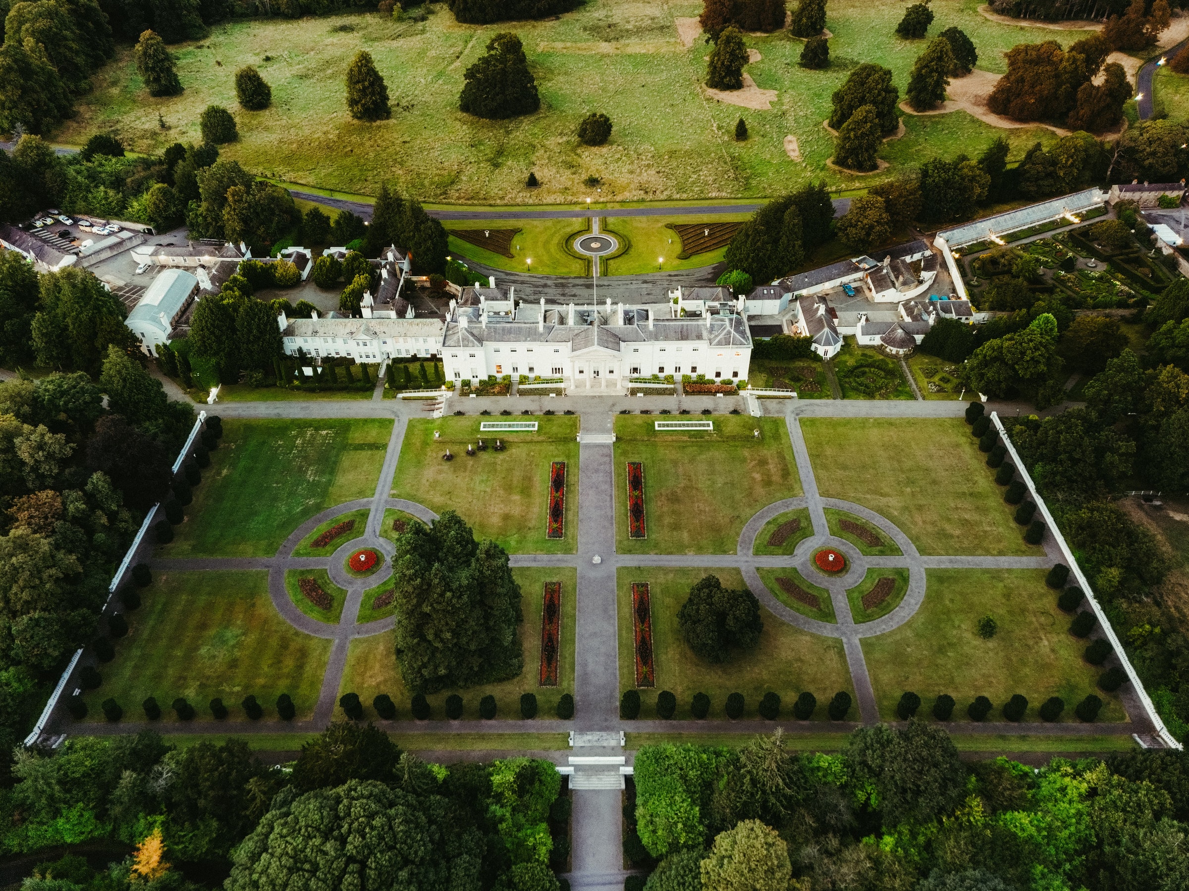 Stunning aerial view of a grand estate in Dublin, Ireland, showcasing manicured gardens and historic architecture.